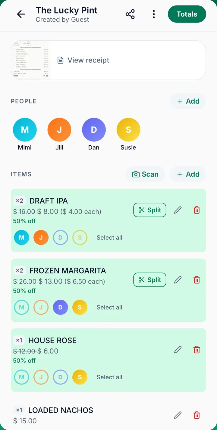 Bill screen with four people, Mimi, Jill, Dan and Susie, each in a different color, and colored dots on each item showing who had it
